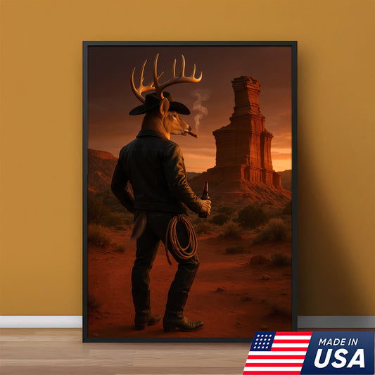 Deer Cowboy With Texas Sunset Canvas, Lighthouse Rock Canvas Of Northern Desert Wall Art For Home Decor