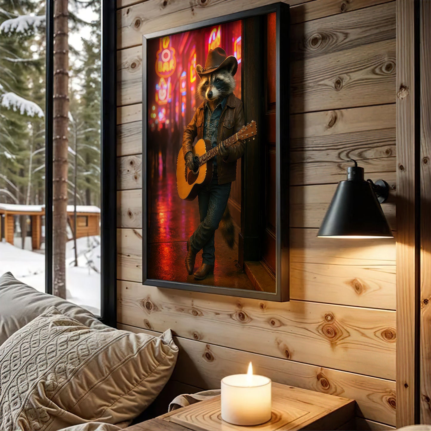 Broadway Street Raccoon Canvas Wall Art, Country Music Guitarist In Cowboy Hat, Home Decor For Man Cave Lovers
