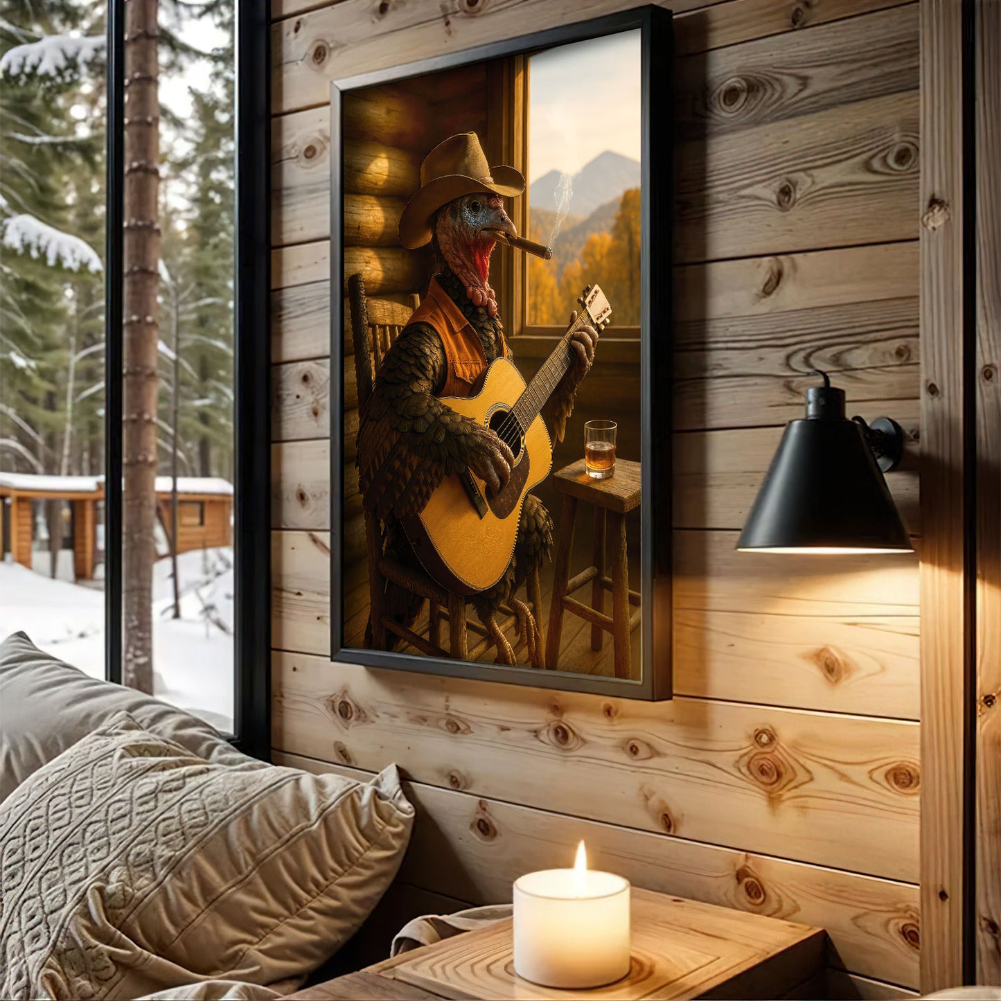 Turkey Cowboy Canvas Wall Art, Rustic Country Bird Playing Guitar With Whiskey Canvas, Western Cabin Decor For Man Cave