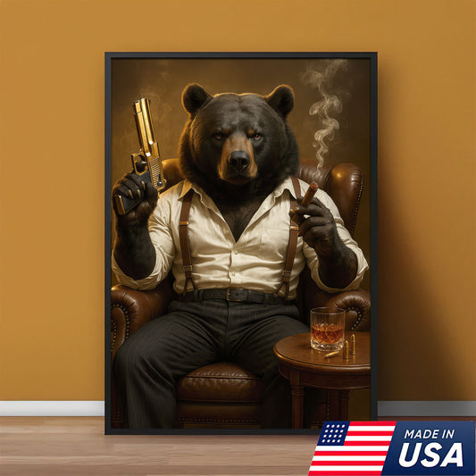 Boss Bear Canvas Wall Art, Masculine Whiskey And Cigar Room Decor, Gift For Man Cave Lovers