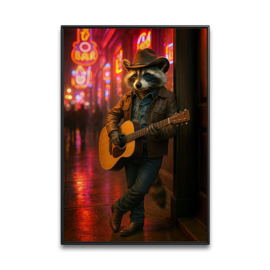 Broadway Street Raccoon Canvas Wall Art, Country Music Guitarist In Cowboy Hat, Home Decor For Man Cave Lovers