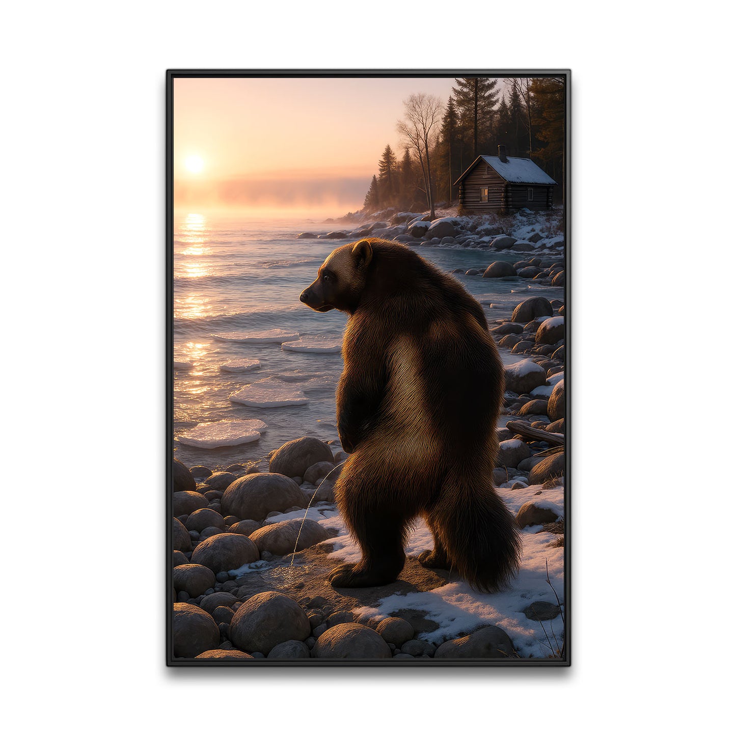 Michigan Wolverine Canvas Wall Art, Winter Lake Rustic Print, Northern Cabin Decor For Home Bar And Man Cave Walls