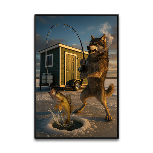 Smoking Wolf Rustic Pub Print, Northern Cabin Decor For Man Cave Walls, Minnesota Wolf Ice Fishing Canvas Wall Art