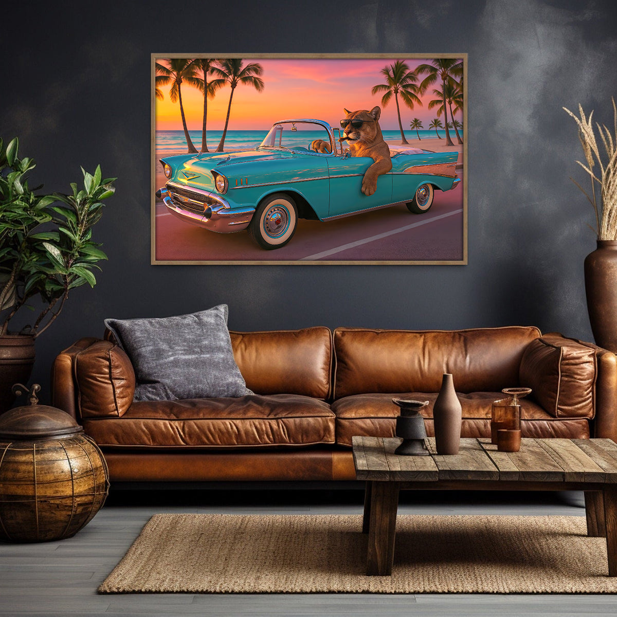 Florida Canvas Man Cave Wall Art, Cool Cougar Classic Car Print, Southern Hunt Beach Sunset For Home Decor