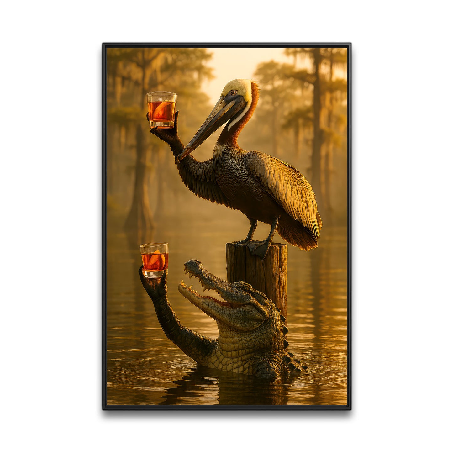 Alligator With Pelican Whiskey Pub Print, Southern Hunt Cabin Decor For Man Cave Walls, Louisiana Canvas Wall Art