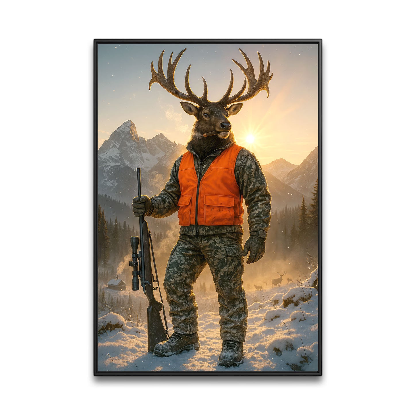 Camo Deer Hunter Canvas Wall Art, Western Mountain Elk Poster, Hunting Decor For Cabin Or Man Cave