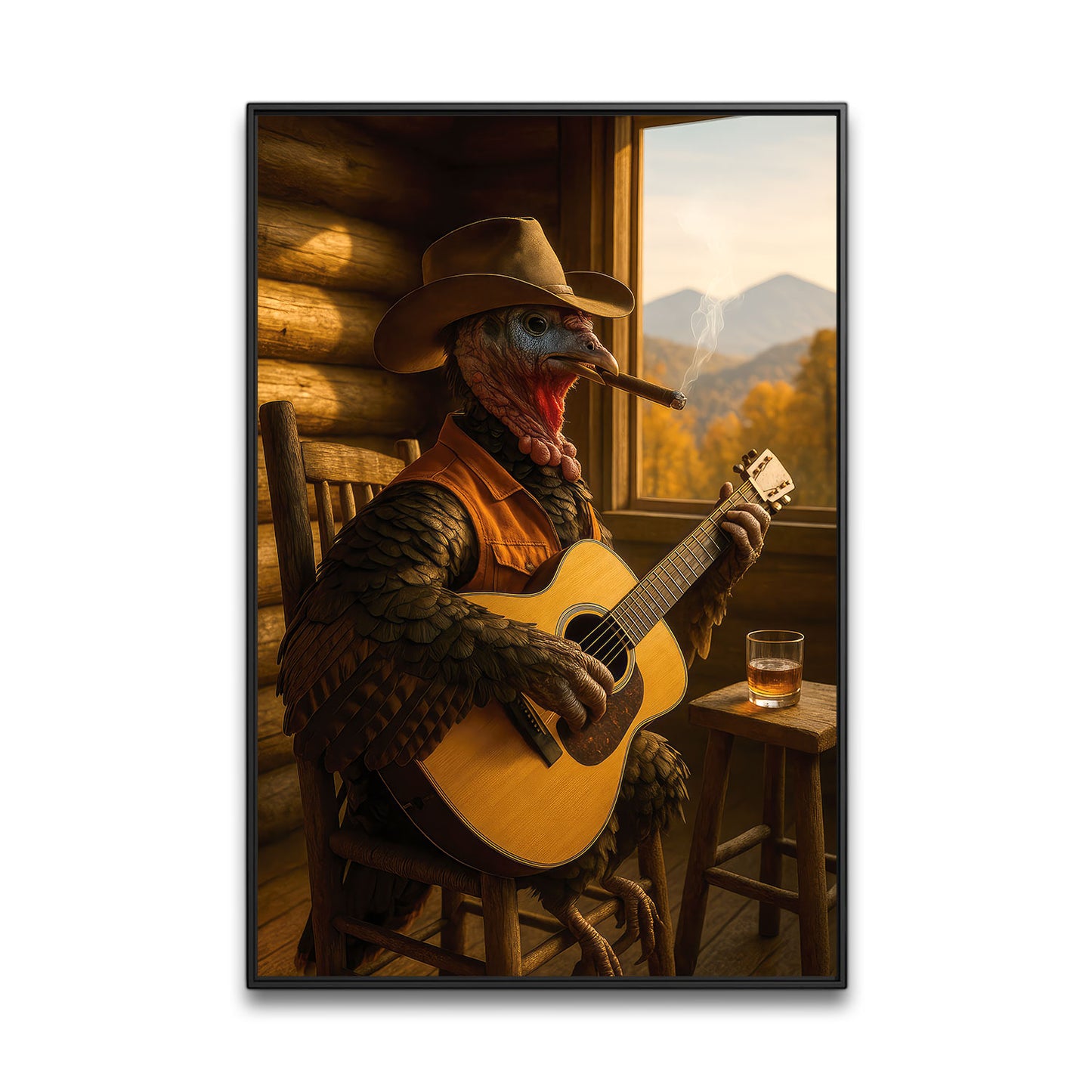 Turkey Cowboy Canvas Wall Art, Rustic Country Bird Playing Guitar With Whiskey Canvas, Western Cabin Decor For Man Cave