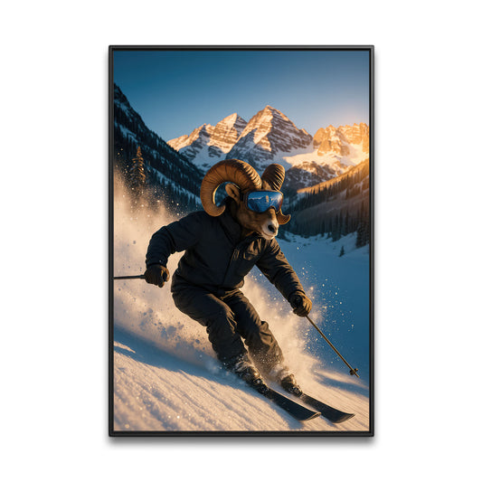 Colorado Canvas Wall Art, Skiing Bighorn Ram Print, Mountain West Wilderness Decor Gift For Man Cave