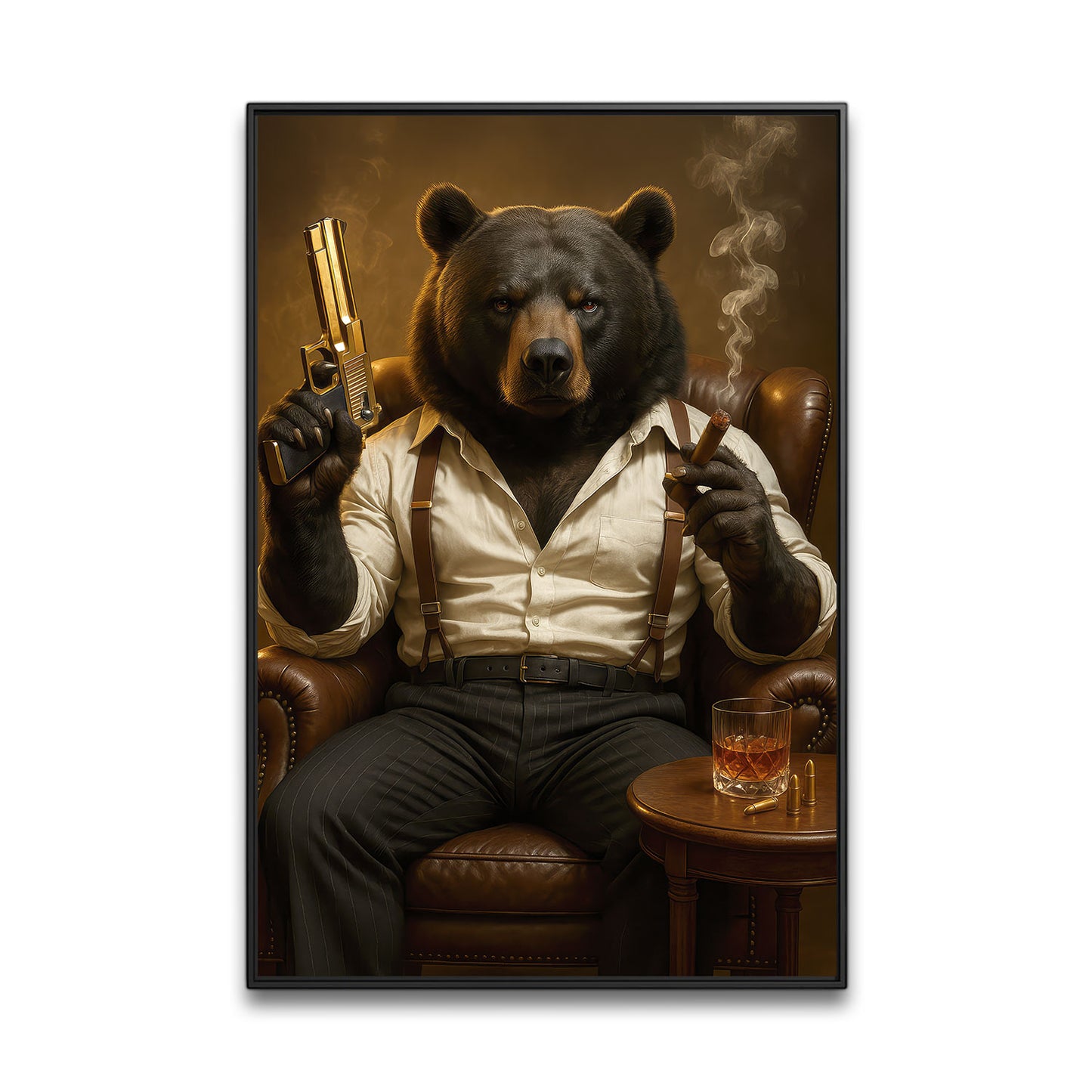 Boss Bear Canvas Wall Art, Masculine Whiskey And Cigar Room Decor, Gift For Man Cave Lovers