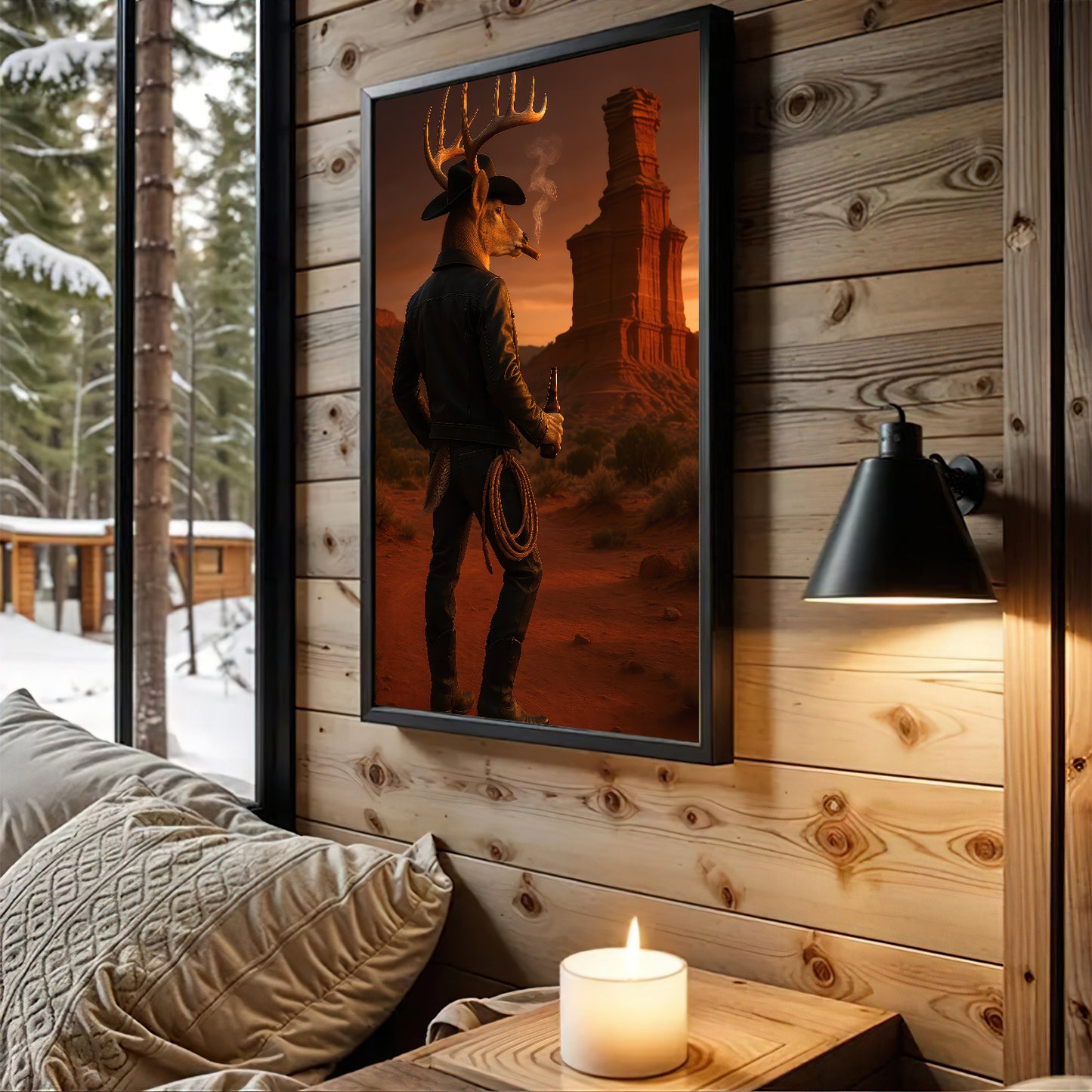 Deer Cowboy With Texas Sunset Canvas, Lighthouse Rock  Canvas Of Northern Desert Wall Art For Home Decor