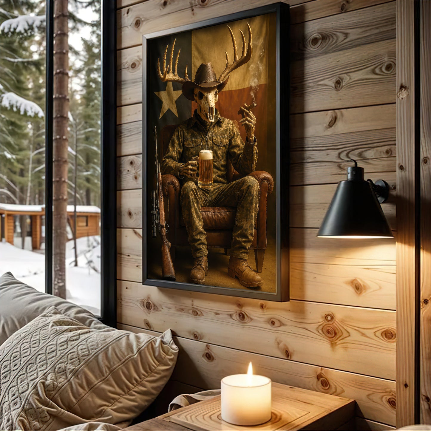 Camo Western Hunter Canvas With Beer, Texas Deer Skull Cowboy Canvas, Rustic Wall Art For Man Cave