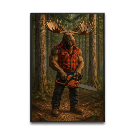 Maine Canvas Wall Art, Lumberjack Moose Chainsaw Portrait Print, Rustic Northern Cabin Decor For Man Cave Walls