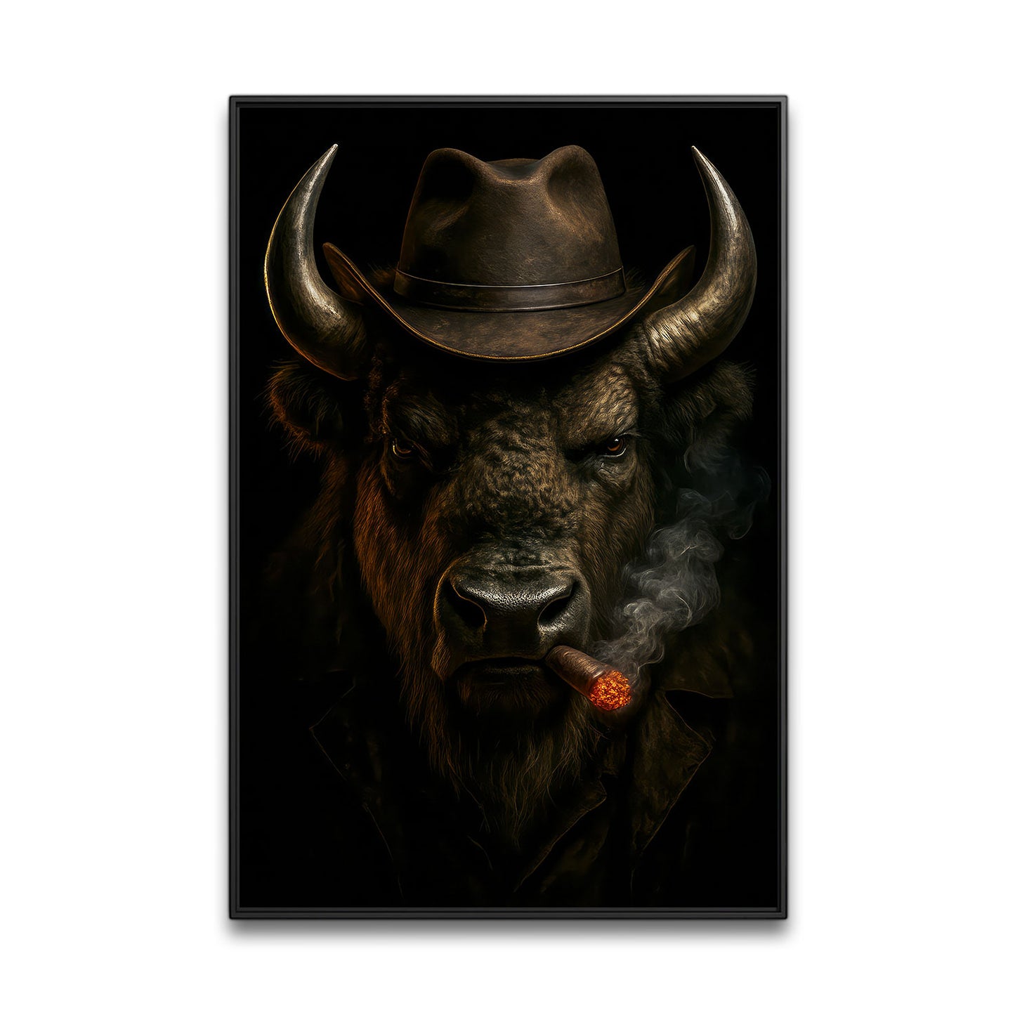 Wyoming Bison Canvas Wall Art, Smoking Buffalo Rustic Pub Print, Mountain West Wilderness Decor For Man Cave Walls