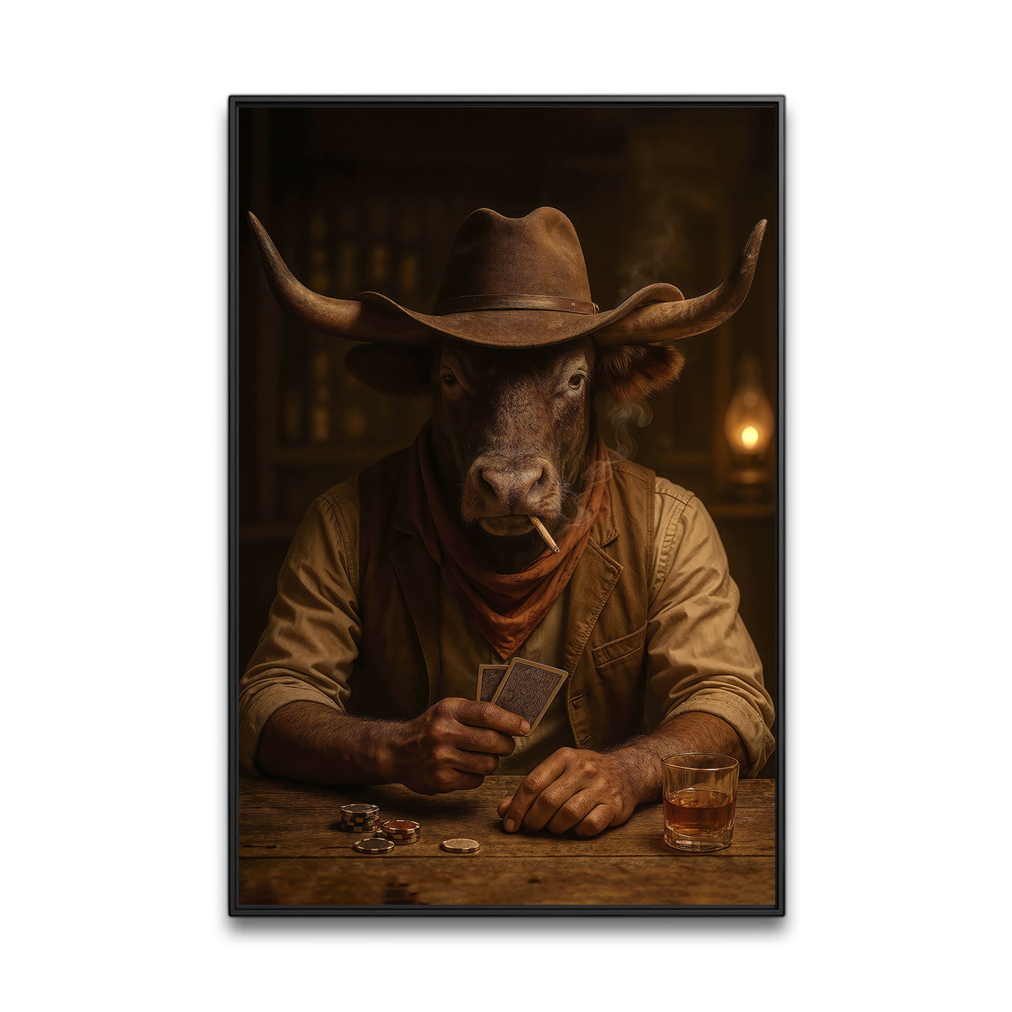 Cowboy Bull Poker Canvas Wall Art, Rustic Western Longhorn Playing Texas Hold’em Canvas, Country Bar Decor For Man Cave Lovers