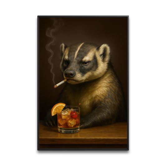 Wisconsin Canvas Wall Art, Smoking Badger Old Fashioned Print, Rustic Bar Gift For Man Cave Decor