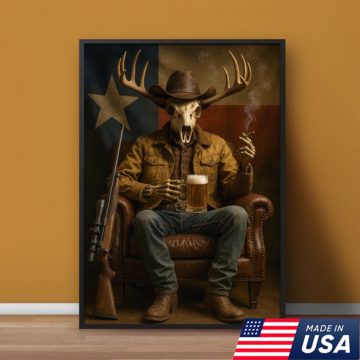 Western Texas Cowboy And Beer Canvas For Home Decor, Deer Skull Hunter Canvas, Rustic Country Wall Art For Man Cave Lovers
