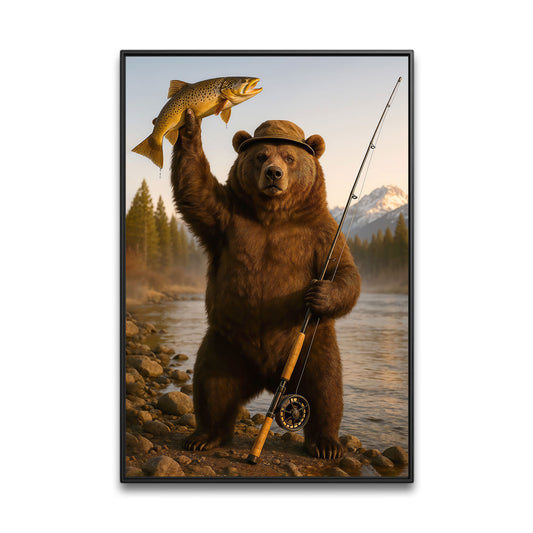 Montana Canvas Wall Art, Grizzly Trout Fisherman Print, Rustic Mountain West Wilderness Decor For Man Cave Walls