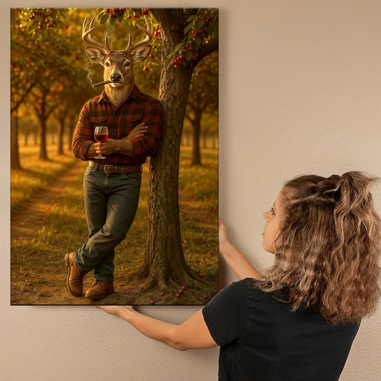 Michigan Deer Canvas Wall Art, Smoking Buck Rustic Pub Print, Northern Cabin Decor Man Cave Walls