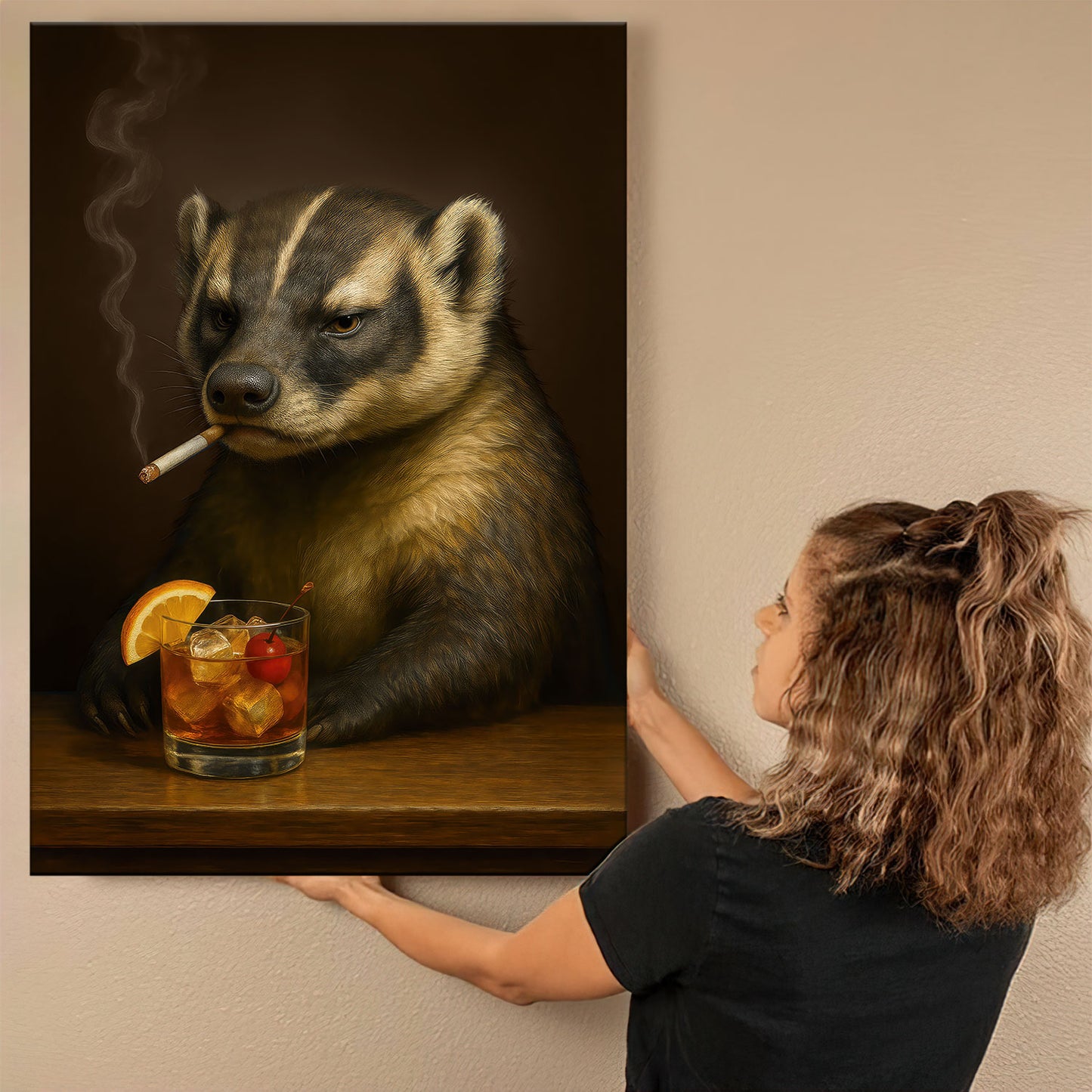 Wisconsin Canvas Wall Art, Smoking Badger Old Fashioned Print, Rustic Bar Gift For Man Cave Decor