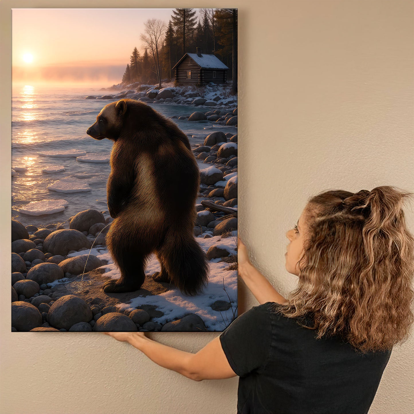 Michigan Wolverine Canvas Wall Art, Winter Lake Rustic Print, Northern Cabin Decor For Home Bar And Man Cave Walls