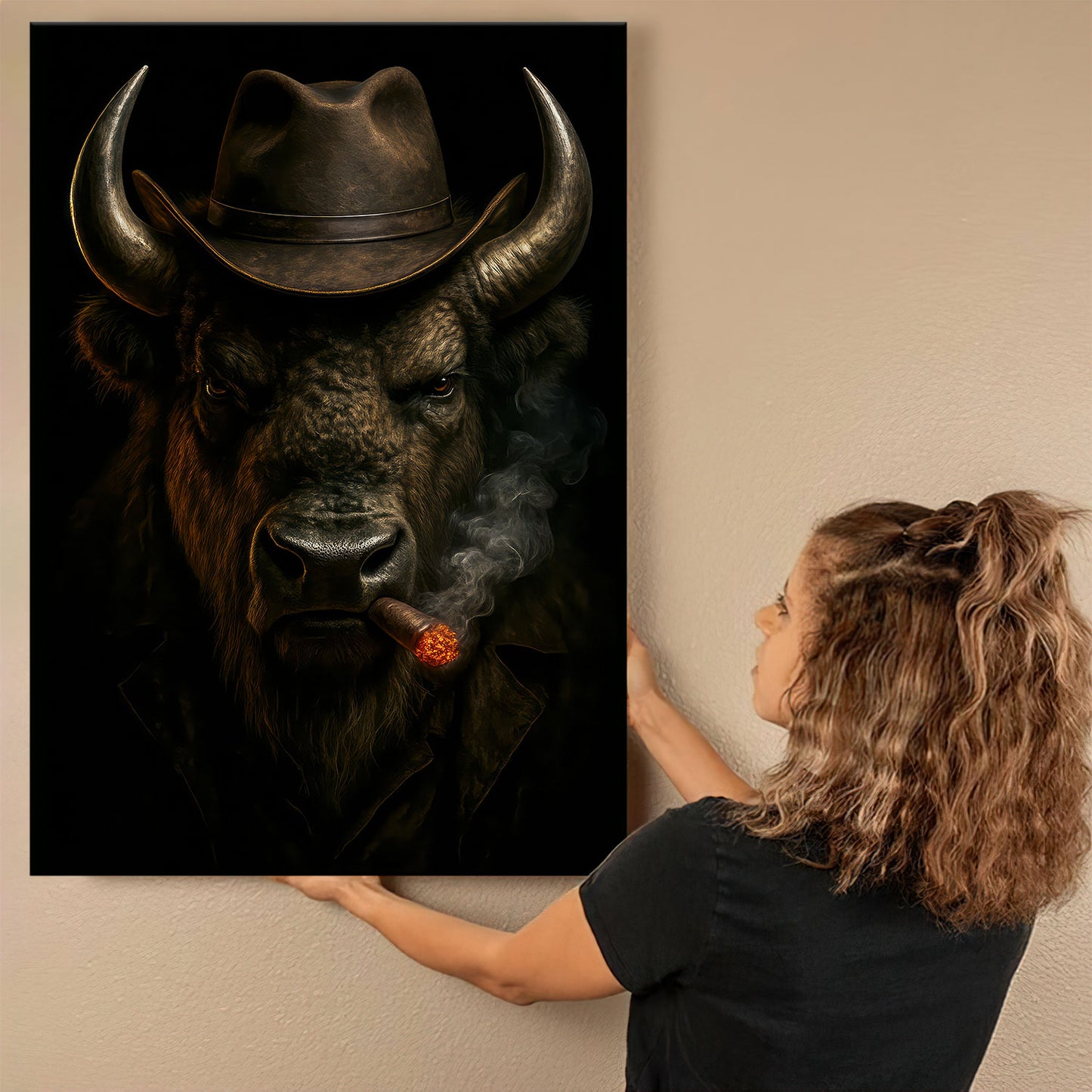 Wyoming Bison Canvas Wall Art, Smoking Buffalo Rustic Pub Print, Mountain West Wilderness Decor For Man Cave Walls