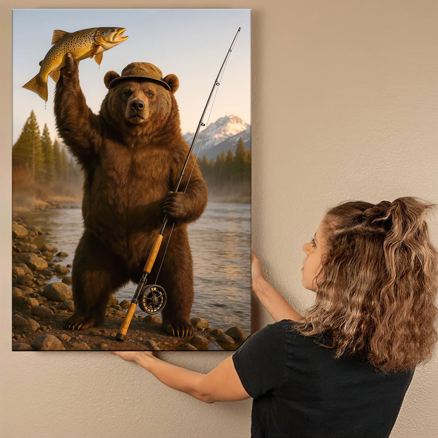 Montana Canvas Wall Art, Grizzly Trout Fisherman Print, Rustic Mountain West Wilderness Decor For Man Cave Walls