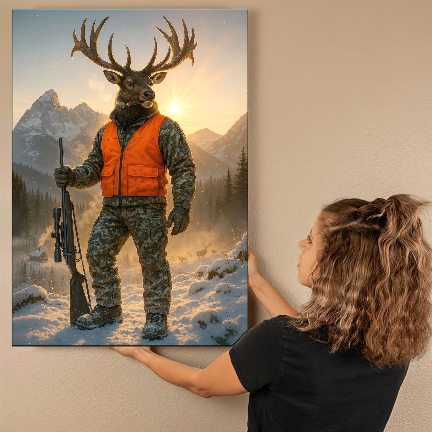 Camo Deer Hunter Canvas Wall Art, Western Mountain Elk Poster, Hunting Decor For Cabin Or Man Cave