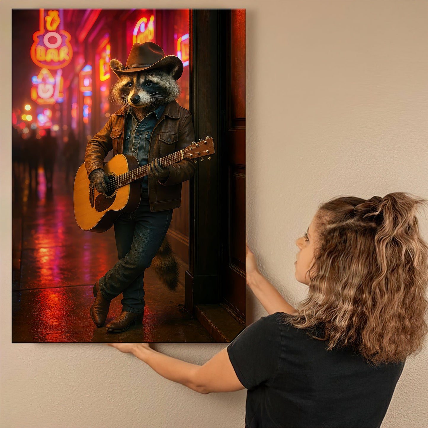 Broadway Street Raccoon Canvas Wall Art, Country Music Guitarist In Cowboy Hat, Home Decor For Man Cave Lovers