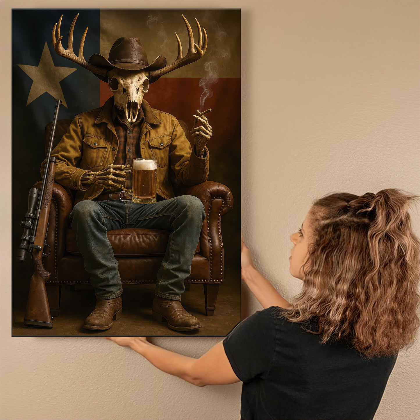 Western Texas Cowboy And Beer Canvas For Home Decor, Deer Skull Hunter Canvas, Rustic Country Wall Art For Man Cave Lovers