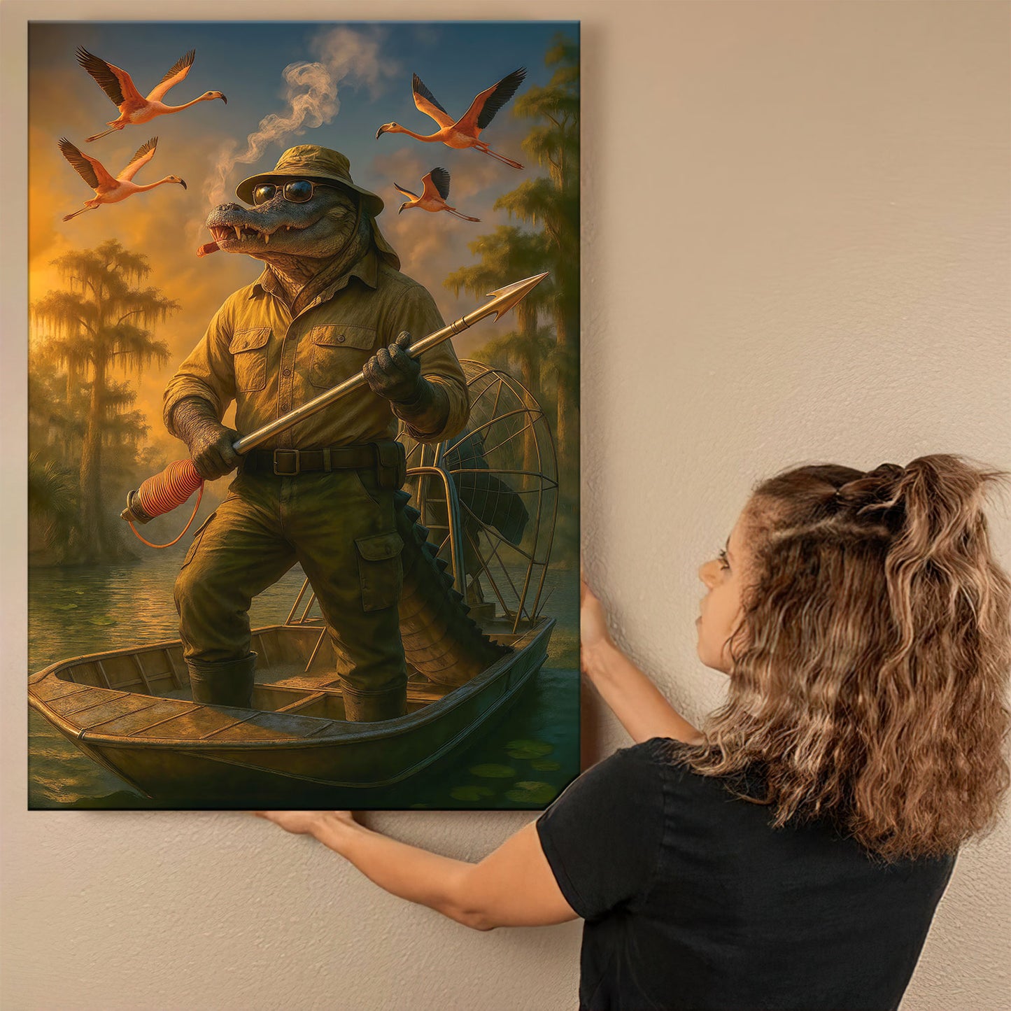 Alligator Hunter Canvas Wall Art, Florida Swamp Fisherman Canvas Home Decor, Rustic Wildlife  Gift For Man Cave