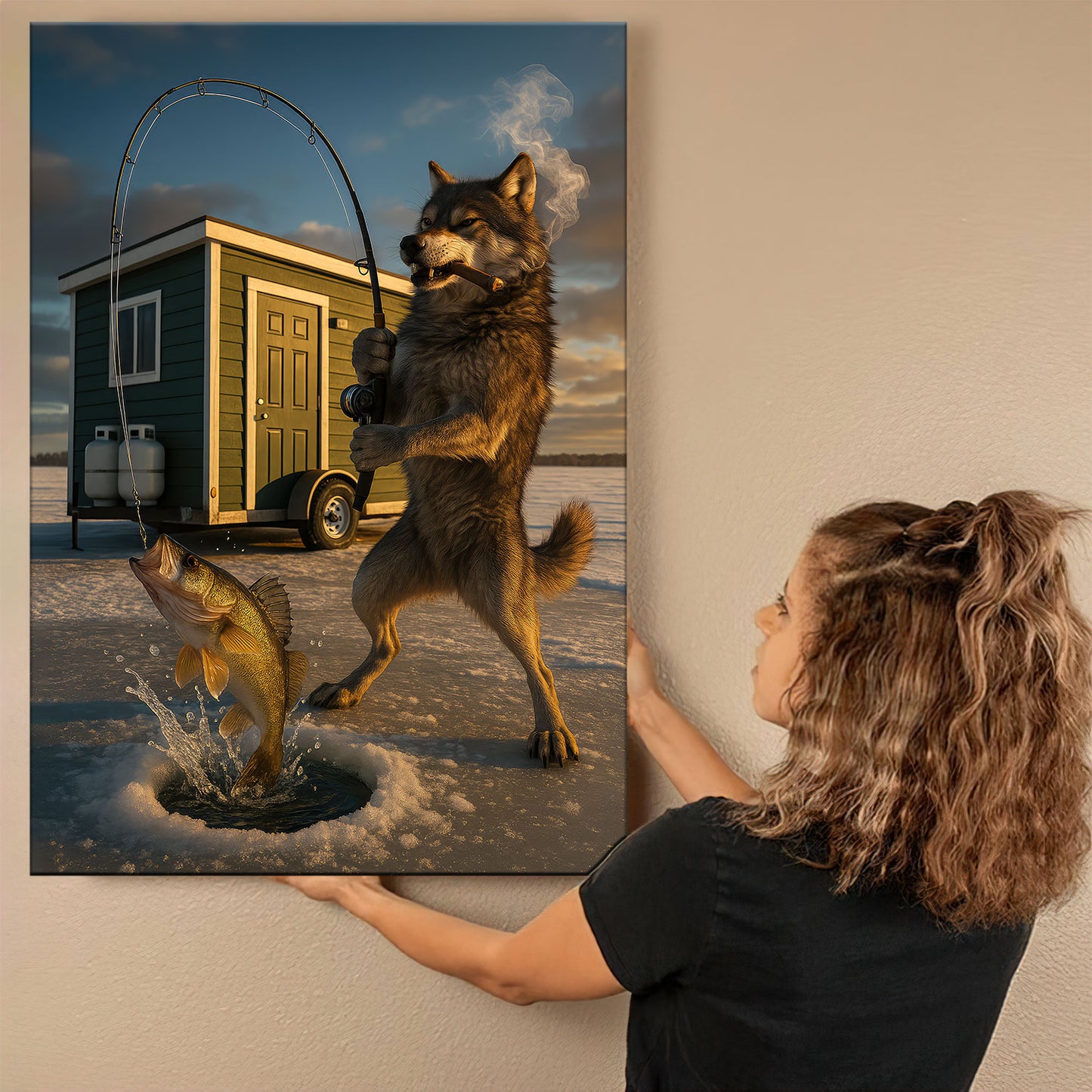 Smoking Wolf Rustic Pub Print, Northern Cabin Decor For Man Cave Walls, Minnesota Wolf Ice Fishing Canvas Wall Art