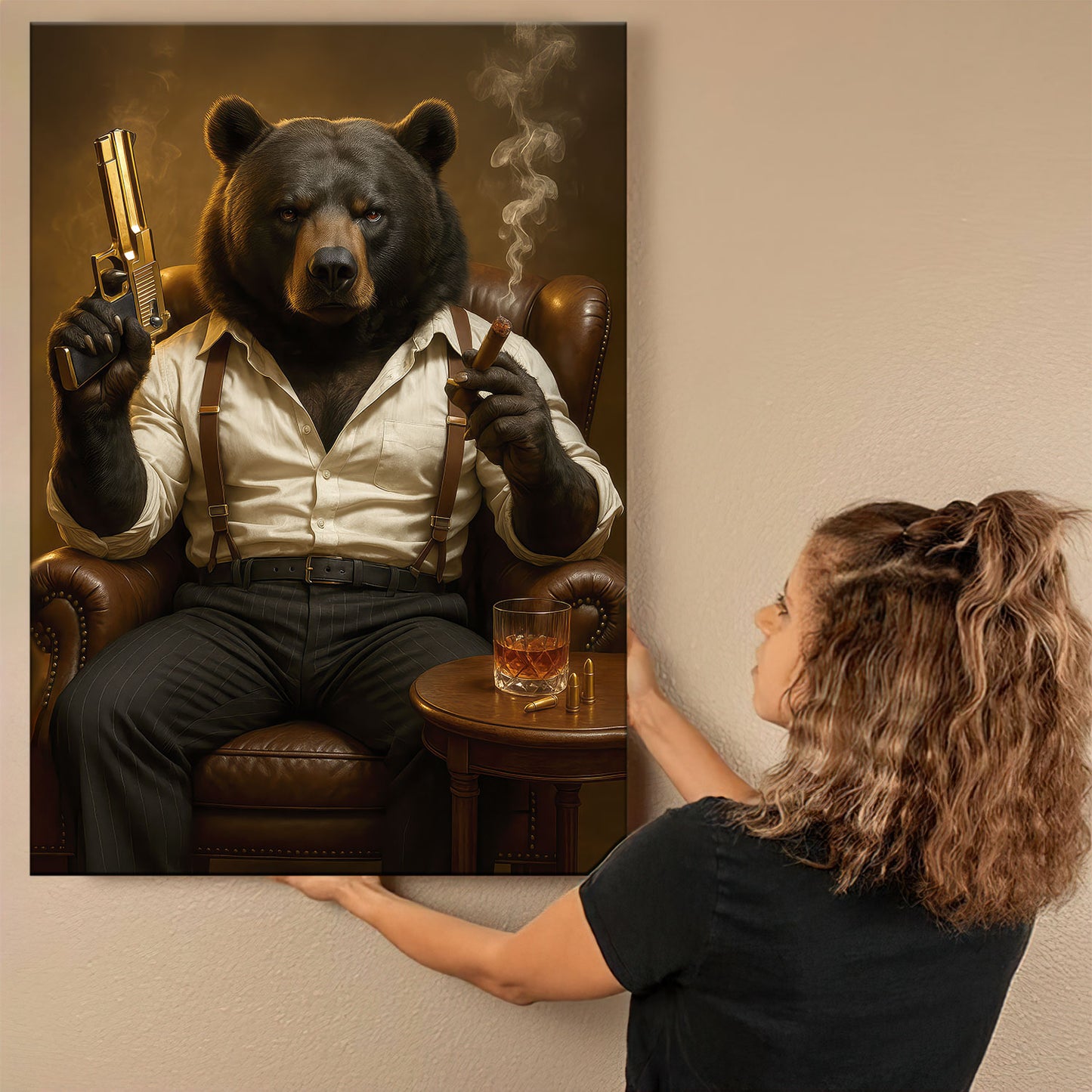 Boss Bear Canvas Wall Art, Masculine Whiskey And Cigar Room Decor, Gift For Man Cave Lovers