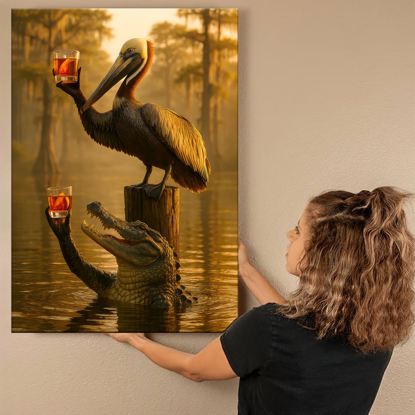 Alligator With Pelican Whiskey Pub Print, Southern Hunt Cabin Decor For Man Cave Walls, Louisiana Canvas Wall Art