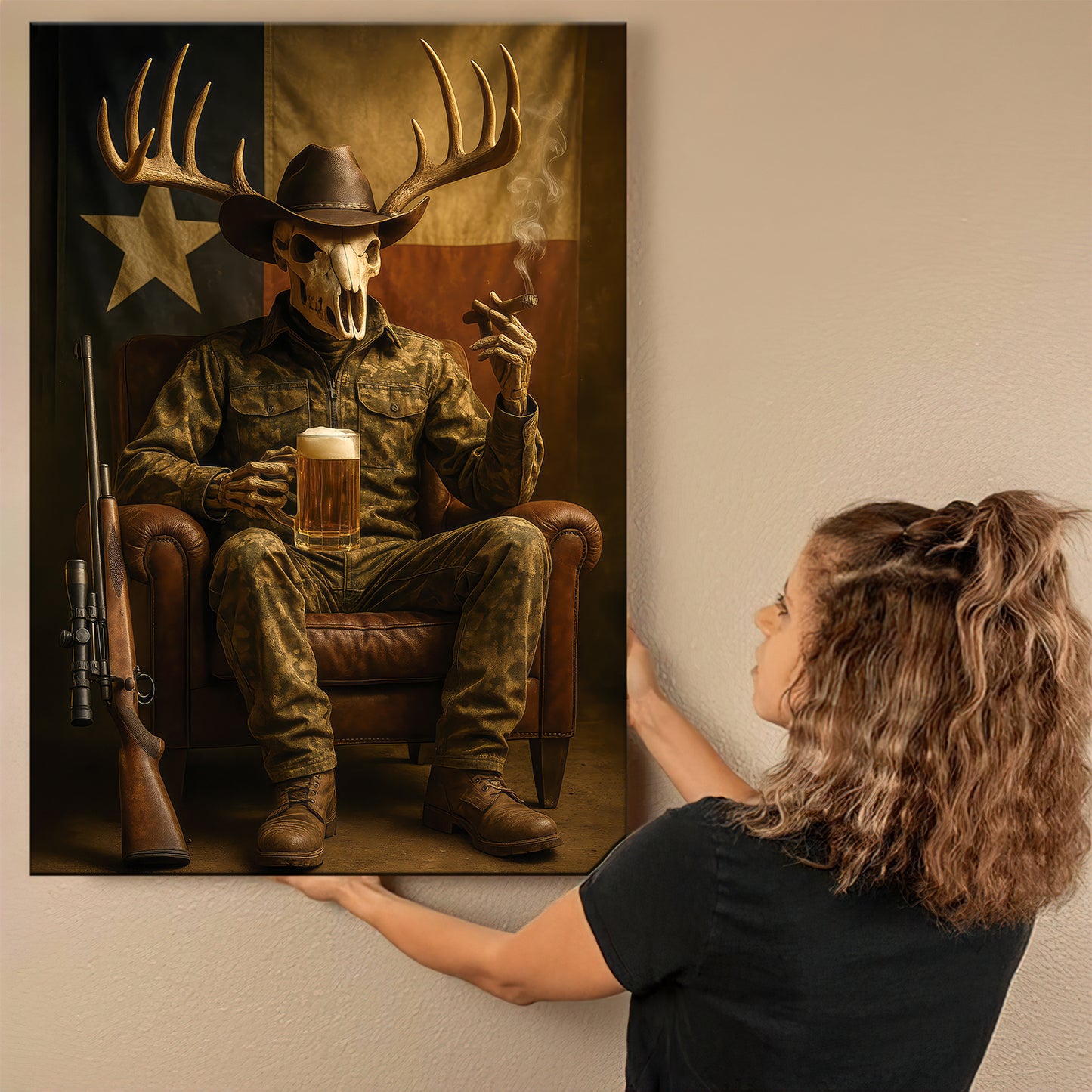 Camo Western Hunter Canvas With Beer, Texas Deer Skull Cowboy Canvas, Rustic Wall Art For Man Cave