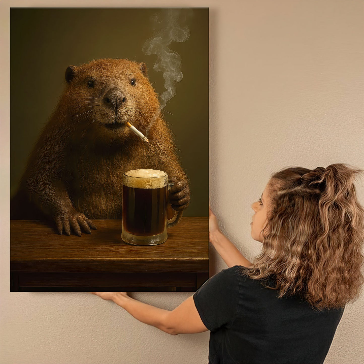 Minnesota Canvas Wall Art, Smoking Beaver Rustic Pub Print, Northern Cabin Decor For Lodge And Man Cave Walls