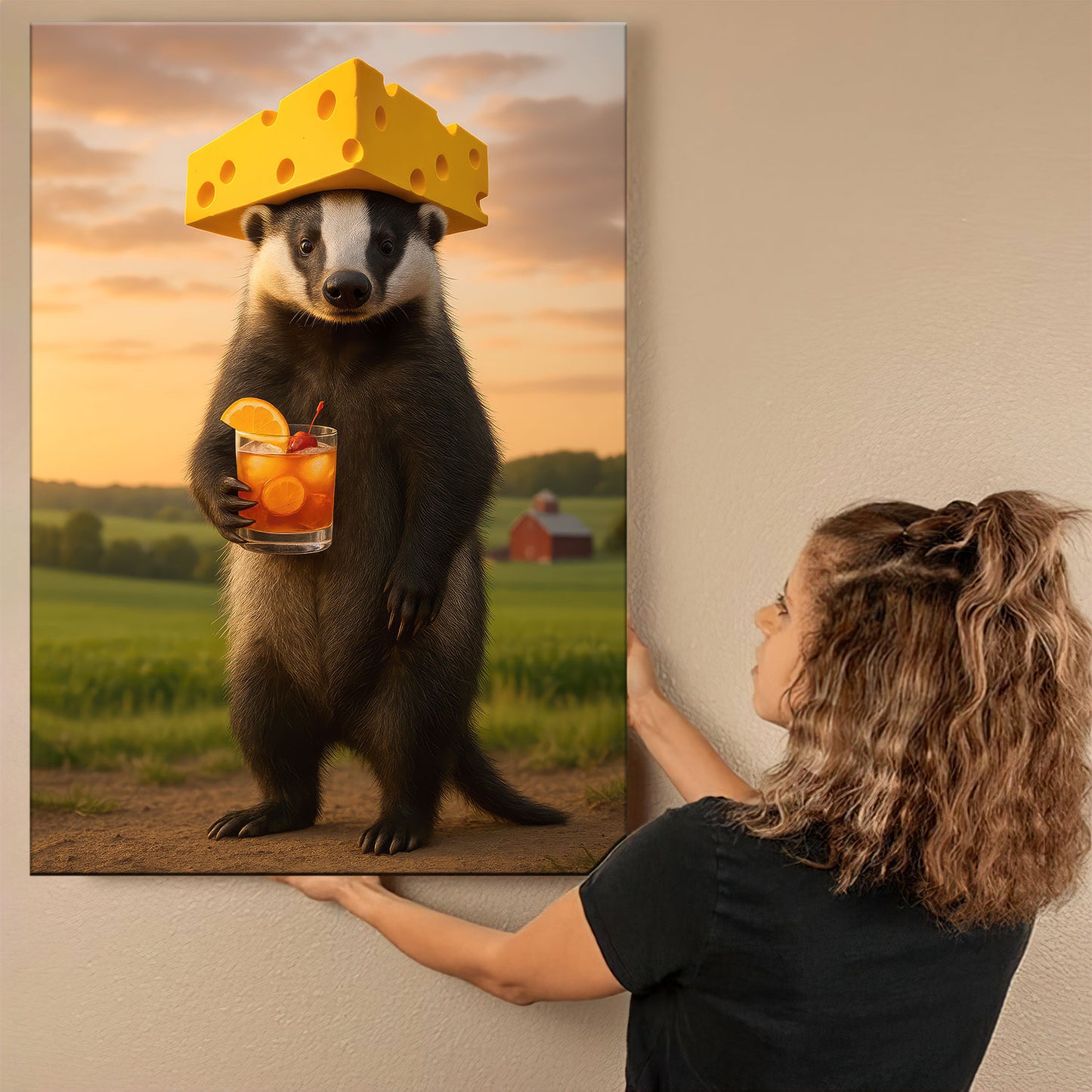 Badger With Cheese Canvas Wall Art, Wisconsin Rustic Print, Northern Cabin Decor For Man Cave Walls