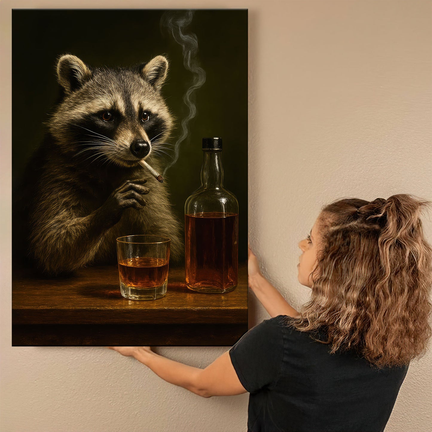 Tennessee Canvas Wall Art, Smoking Raccoon Whiskey Print, Rustic Southern Hunt Bar Decor For Cabin And Man Cave Walls
