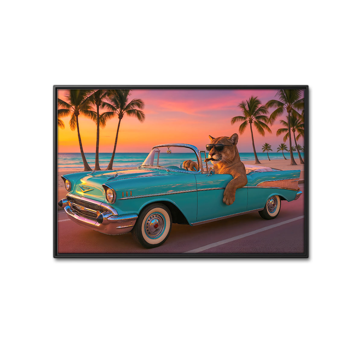 Florida Canvas Man Cave Wall Art, Cool Cougar Classic Car Print, Southern Hunt Beach Sunset For Home Decor