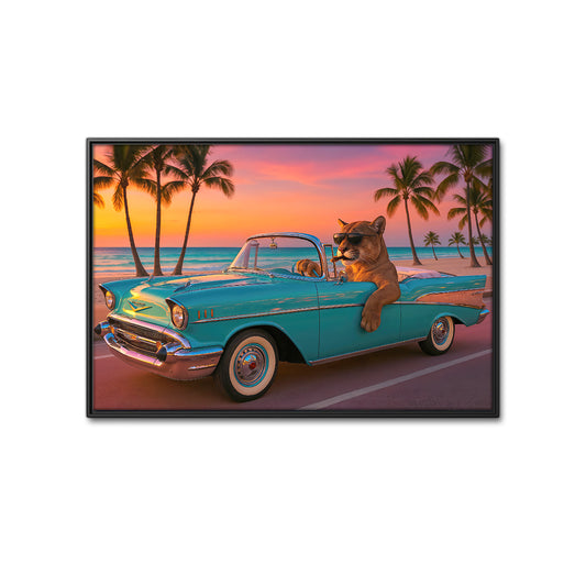 Florida Canvas Man Cave Wall Art, Cool Cougar Classic Car Print, Southern Hunt Beach Sunset For Home Decor