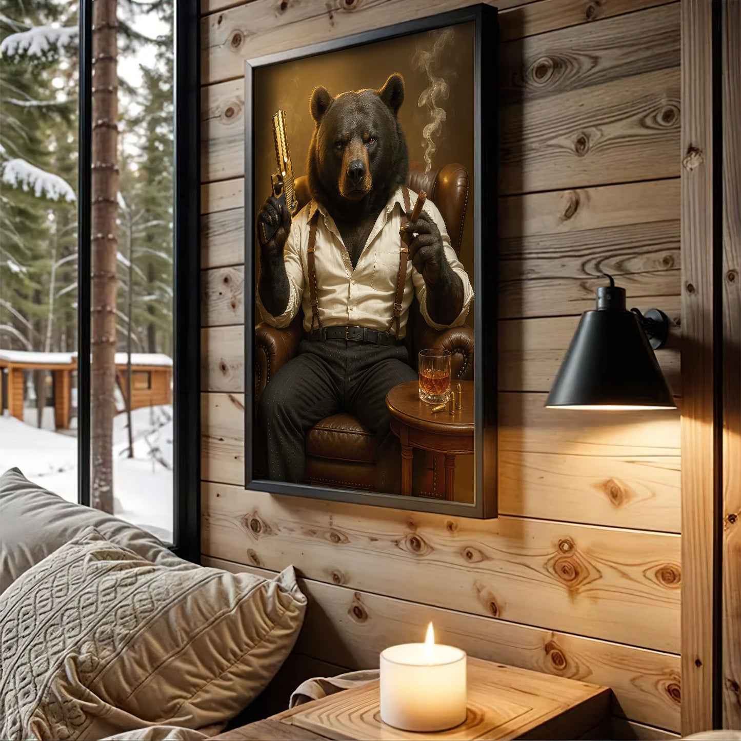Boss Bear Canvas Wall Art, Masculine Whiskey And Cigar Room Decor, Gift For Man Cave Lovers