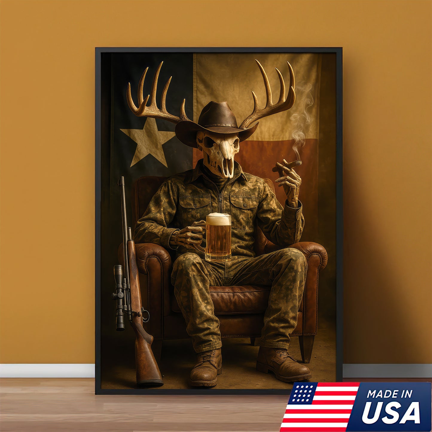Camo Western Hunter Canvas With Beer, Texas Deer Skull Cowboy Canvas, Rustic Wall Art For Man Cave