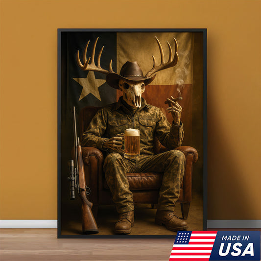 Camo Western Hunter Canvas With Beer, Texas Deer Skull Cowboy Canvas, Rustic Wall Art For Man Cave