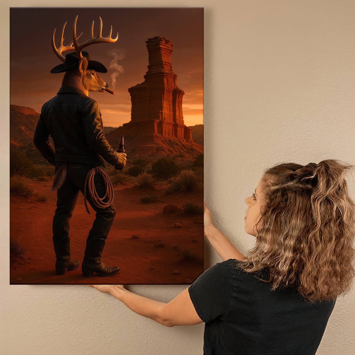 Deer Cowboy With Texas Sunset Canvas, Lighthouse Rock  Canvas Of Northern Desert Wall Art For Home Decor