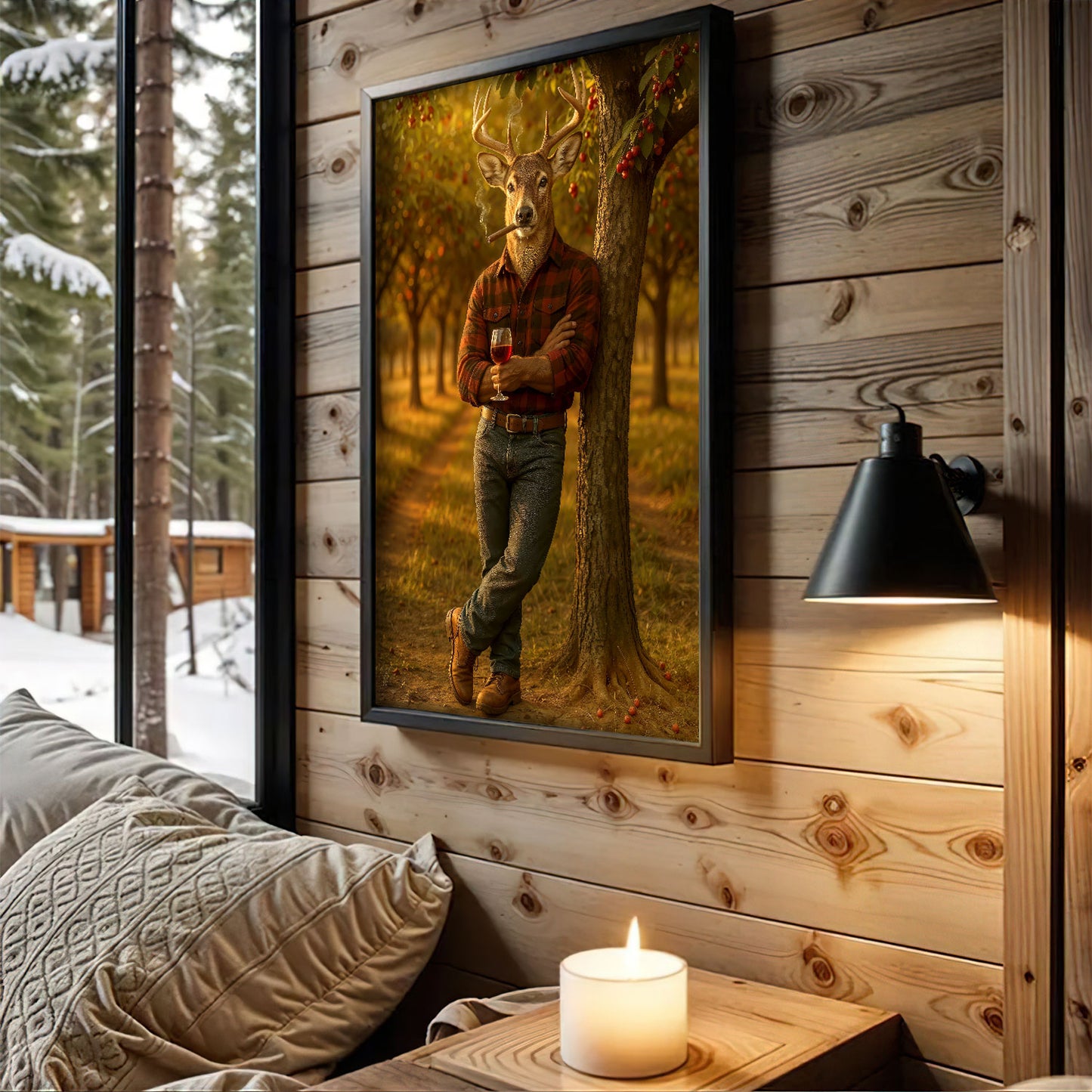 Michigan Deer Canvas Wall Art, Smoking Buck Rustic Pub Print, Northern Cabin Decor Man Cave Walls