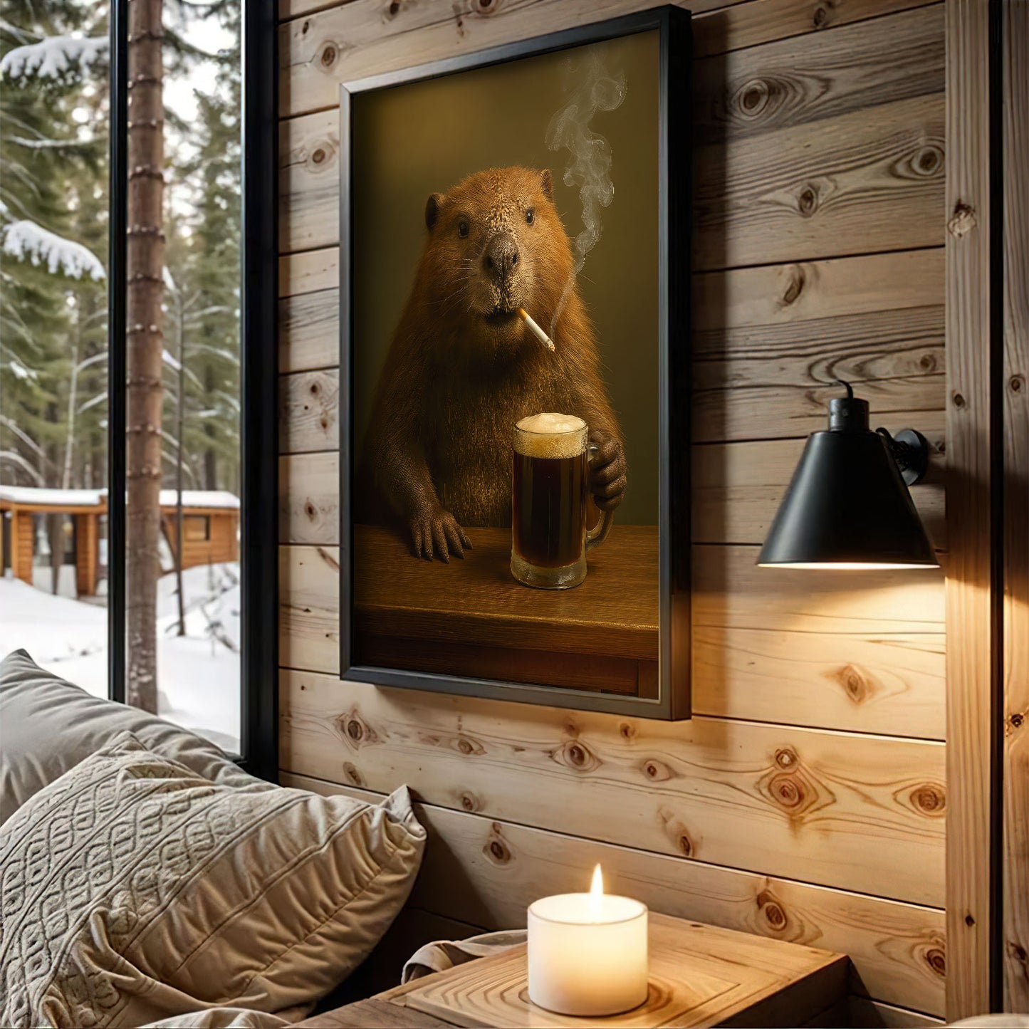 Minnesota Canvas Wall Art, Smoking Beaver Rustic Pub Print, Northern Cabin Decor For Lodge And Man Cave Walls