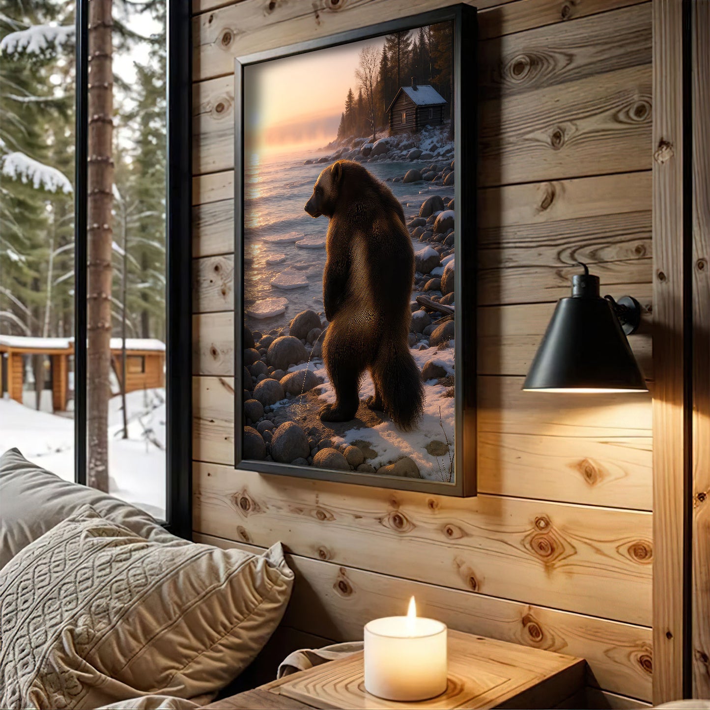 Michigan Wolverine Canvas Wall Art, Winter Lake Rustic Print, Northern Cabin Decor For Home Bar And Man Cave Walls