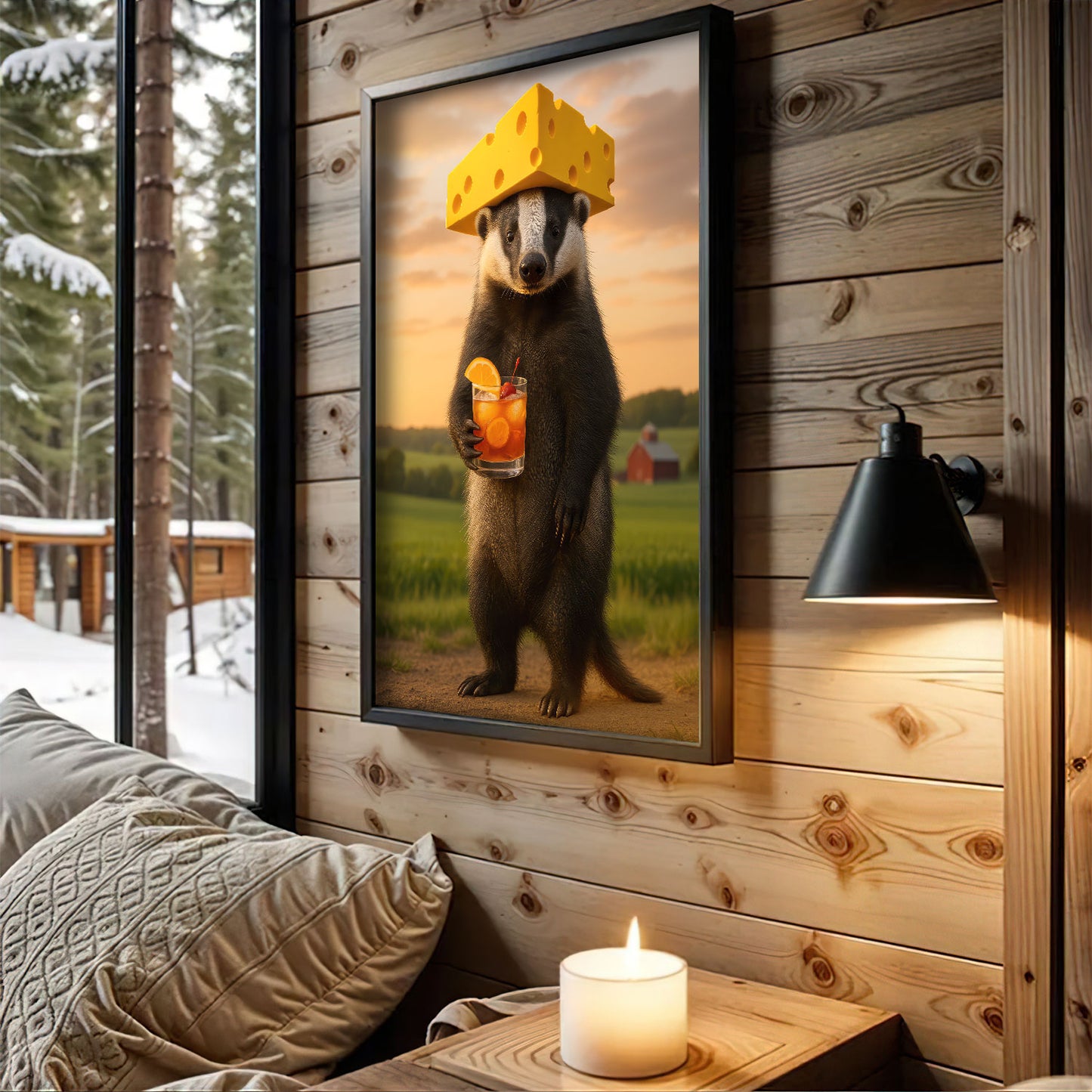 Badger With Cheese Canvas Wall Art, Wisconsin Rustic Print, Northern Cabin Decor For Man Cave Walls