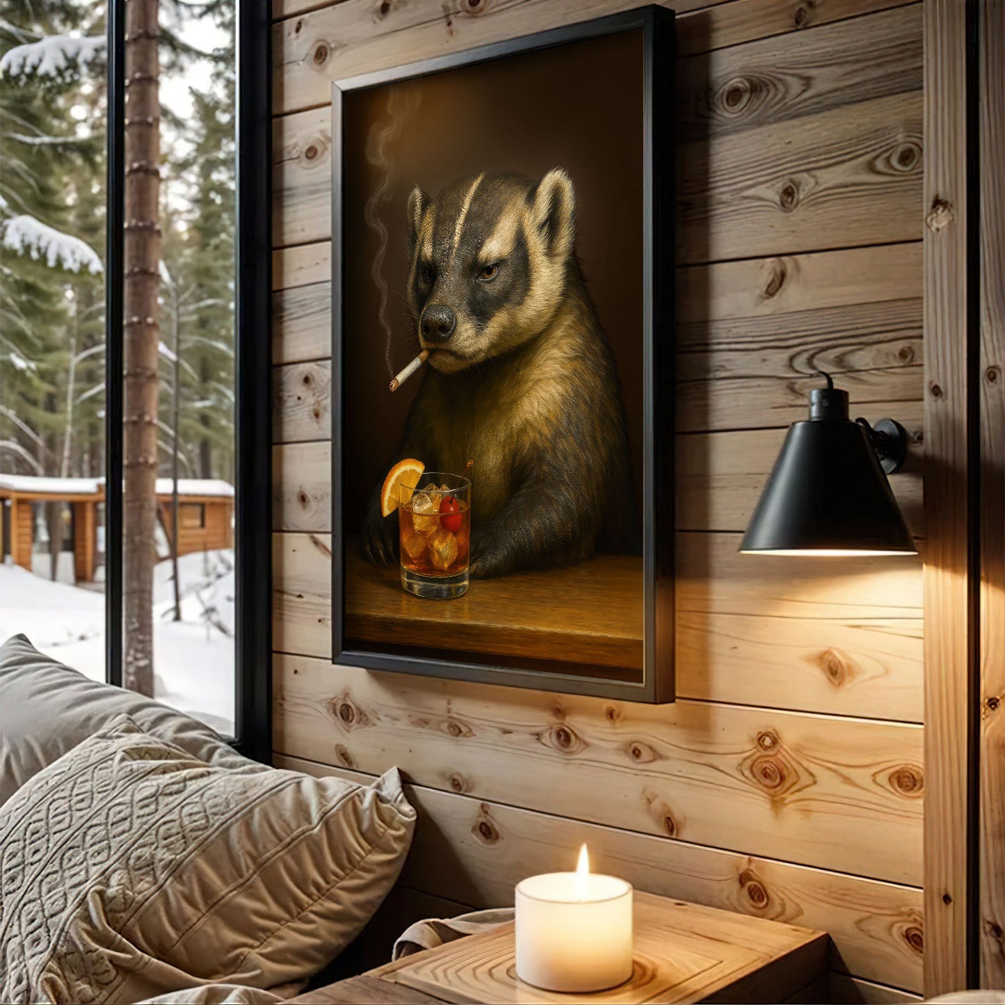 Wisconsin Canvas Wall Art, Smoking Badger Old Fashioned Print, Rustic Bar Gift For Man Cave Decor