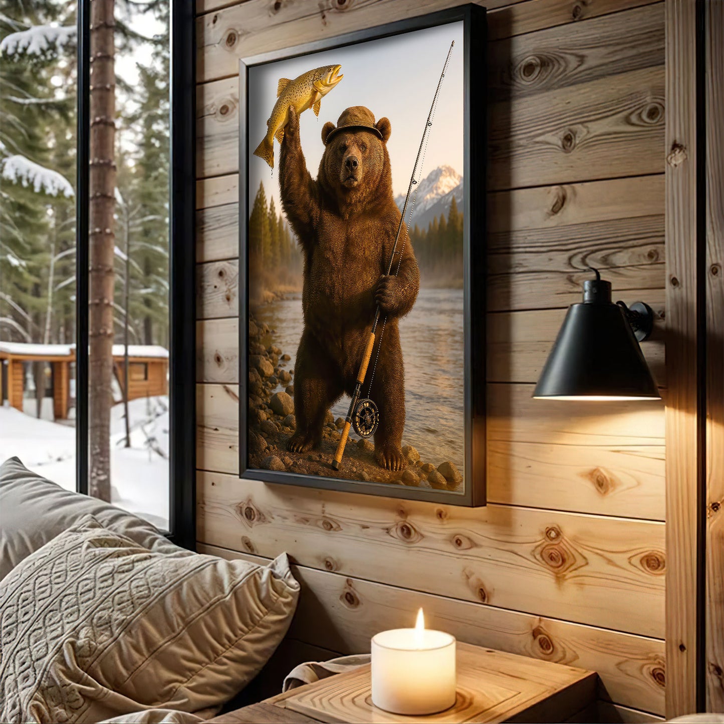 Montana Canvas Wall Art, Grizzly Trout Fisherman Print, Rustic Mountain West Wilderness Decor For Man Cave Walls