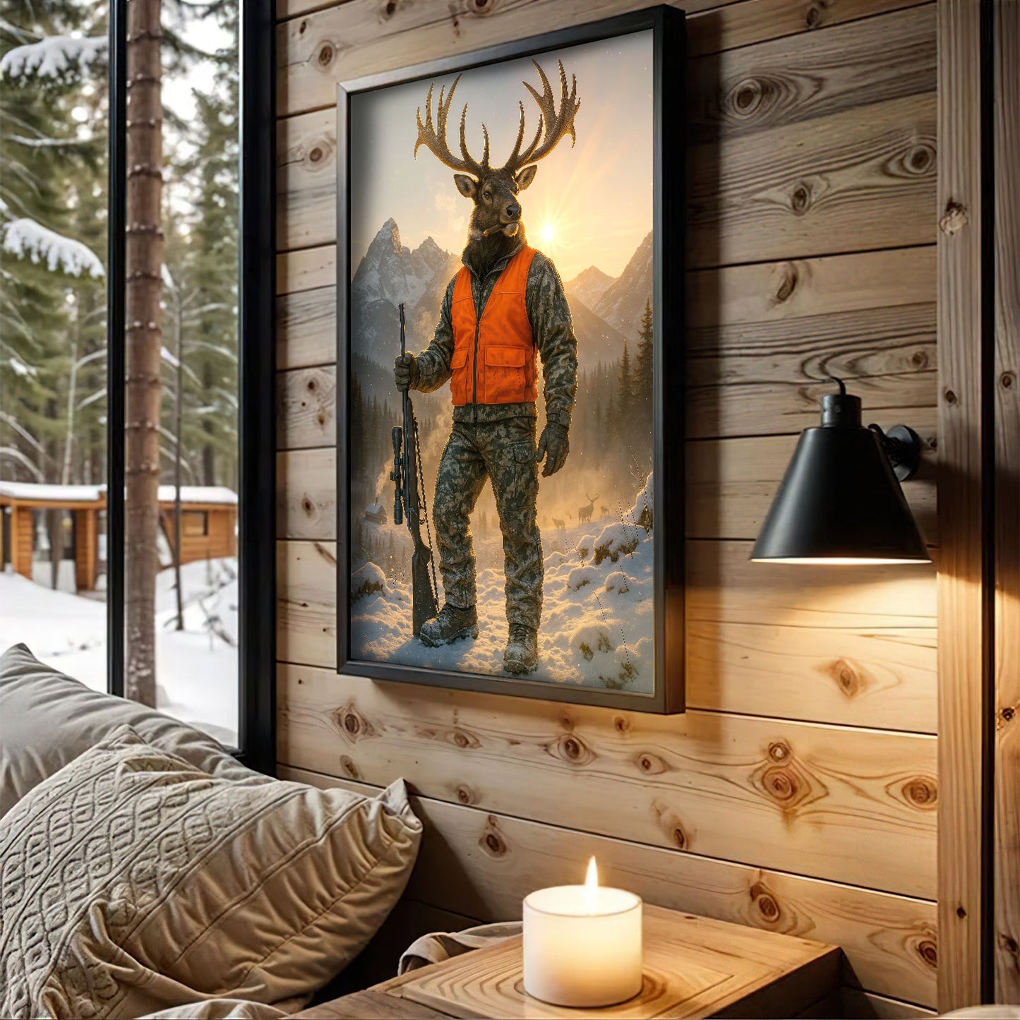 Camo Deer Hunter Canvas Wall Art, Western Mountain Elk Poster, Hunting Decor For Cabin Or Man Cave